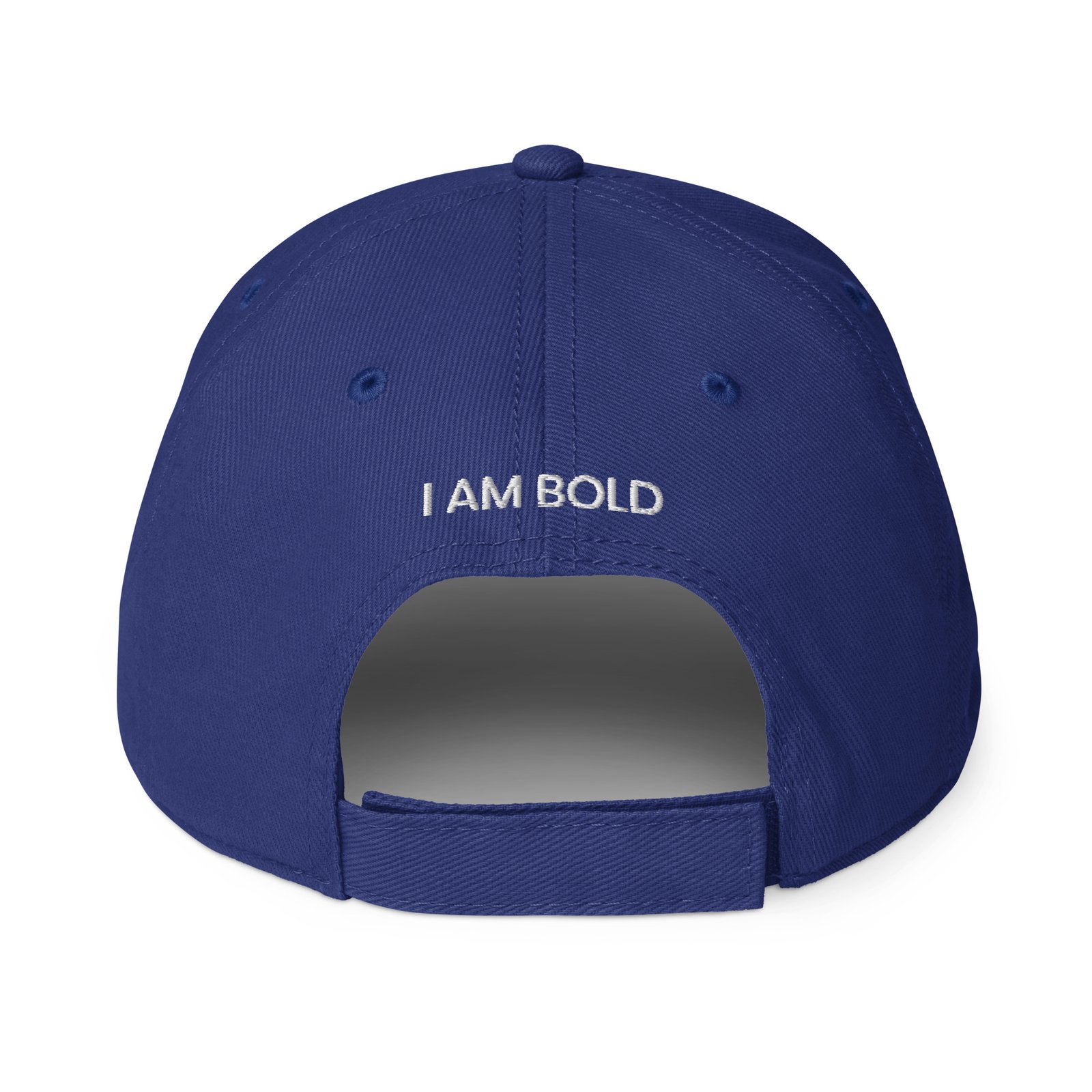 Back of a royal blue Always Be BOLD low-profile cap showing the circle logo