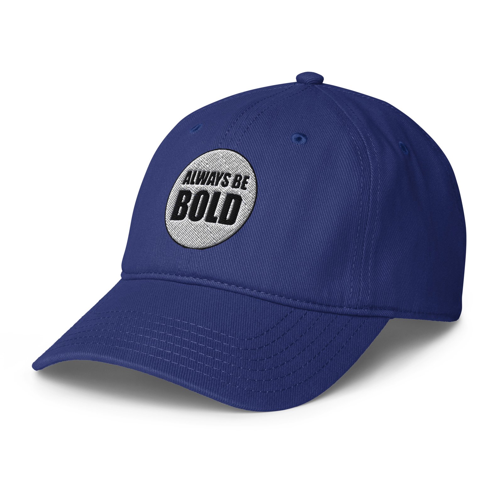 Royal blue Always Be BOLD low-profile cap with the circle logo, left front view