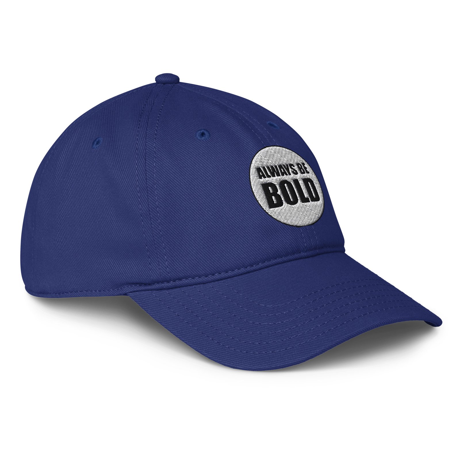 Royal blue Always Be BOLD low-profile cap with the circle logo, right front view